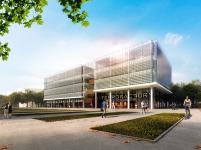 Rendering of an office building with a Lumiduct façade by day
