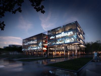 Rendering of a Lumiduct façade used as a media wall at night